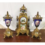 3 Piece Early 20thC Clock Set, French works, porcelain panels featuring musical and romantic