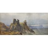 JOHN FAULKNER (1835-1894) “Wicklow Castle”, Watercolour, with figures sitting at the cliff edge,