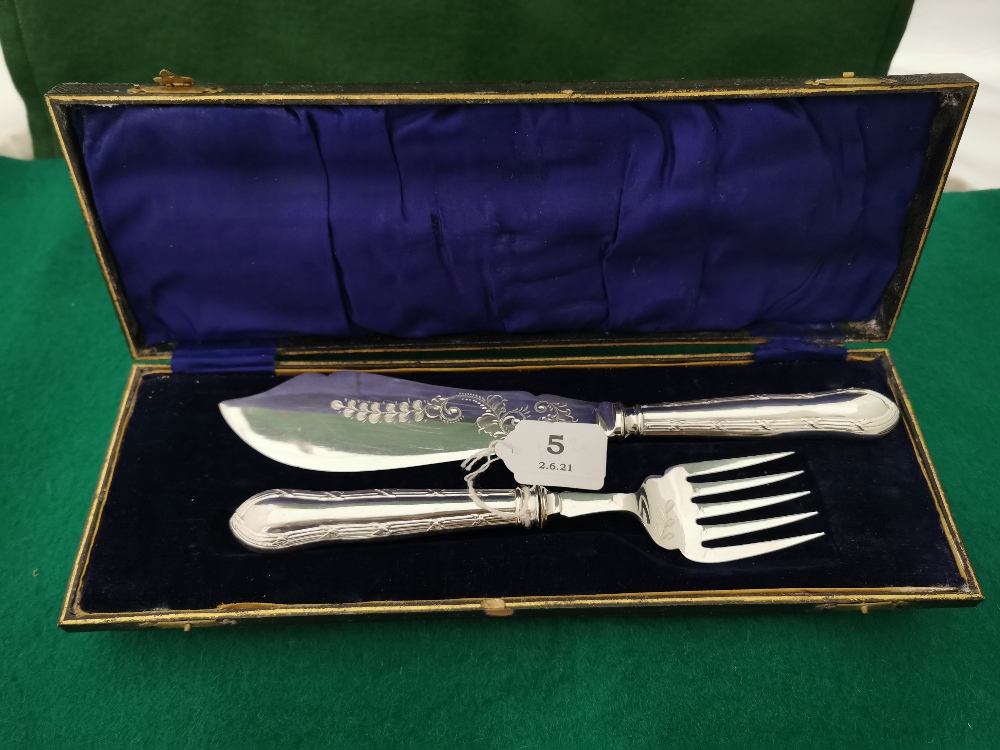 Antique Fish Knife and Fork Serving Set, ornate engraving (possibly silver handle, unmarked) (2), in