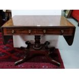 19th Mahogany Sofa Table, with a crossbanded top and two apron drawers to the front, two faux