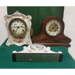 3 x mantle clocks – 1 in a mahogany case, 1 in a floral pottery case (very damaged)
