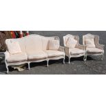 Three Piece Suite, cream fabric, in a bamboo style frame, painted white