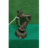 Small Carved Oak Irish Harp with raised shamrock designs, 11cmH