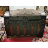 Edwardian Domed-Top Travel Trunk with carrying handles, brown and green faux crocodile skin top,