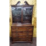 Georgian Mahogany Secretaire Bookcase, a swan neck style pediment over 2 gothic glazed doors and a