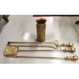 Three Piece Fire Iron Set, with turned finials & a 1918 brass shell case (4)