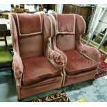 Matching Pair of Pink Upholstered Fireside Chairs, feathered cushions