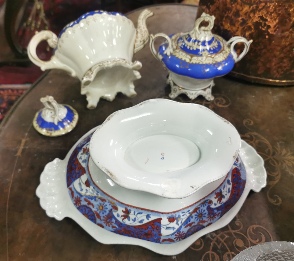 Spode Fruit Dish on stand, floral decorated & a blue glazed Victorian teapot and - Image 2 of 2