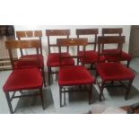 A set of 7 Sheraton style Dining Chairs, with red velour fabric covered and padded seats, on