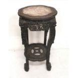 19thC Chinese carved hardwood Jardinere Stand, a brown veined and shaped marble insert within a