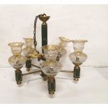1950’s Brass Framed Ceiling Light, with Green Enamel Style Backs, Brass Mounts, 5 arms with etched