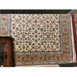 Ivory ground Kashmir Carpet, all over floral pattern, unique gold border, 2m x 3m