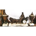 3 Piece Clock Set – a Mantel Clock with a bronzed spelter lady on a chariot, pulled by two lions, on