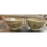 2 Antique transfer ware pudding bowls – patterns of cows in a pasture, brown background