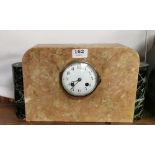 Art Deco Beige/Red Marble Mantle Clock, with green marble half moon shaped mounts to either end,