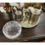 4 Hotel Plate Tea/Coffee Pots and a circular plated tray, all engraved “Cruises Hotel” (all need