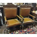 Matching Pair of 19thC Large Oak Framed Throne Armchairs, ball shaped finials, bulbous legs, bun