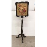 WMIV Mahogany Framed Fire Screen on a reeded pillar, 3 scrolled legs, paw feet, floral wool