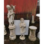 Pair of reconstituted stone garden figures – figure of a girl feeding berries to a bird of prey