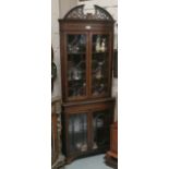 Edwardian Mahogany and Line Inlaid Corner Cabinet with two astragal glazed upper doors over two