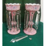 Matching Pair of Victorian Pink Cameo Glass Lustre Drop Centrepieces, with floral detail (complete),