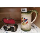 Early 20th C. jug and cased binoculars.