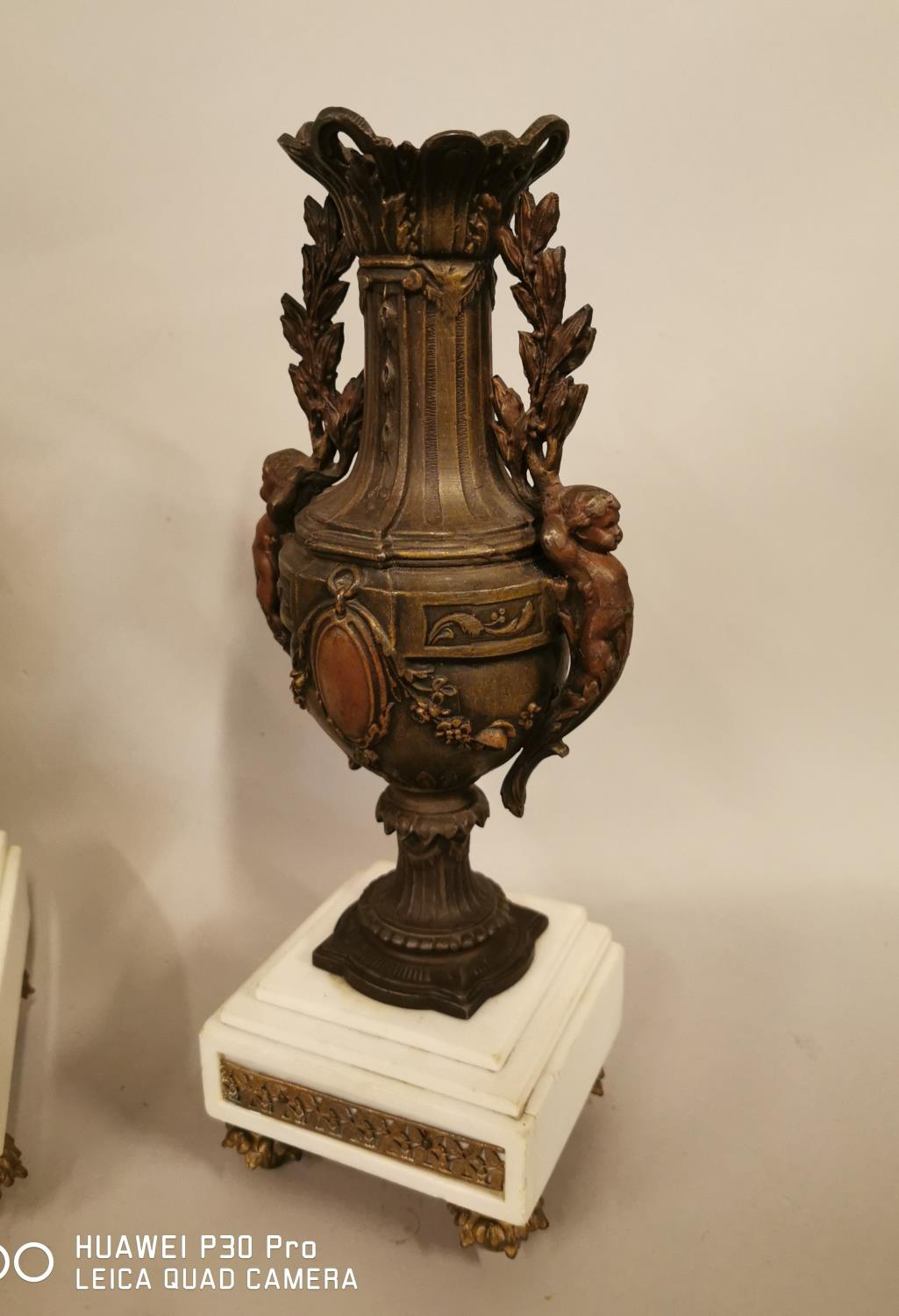 19th C. spelter and marble clock garniture. - Image 3 of 6