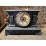 Edwardian painted and gilded metal mantle clock {26 cm H x 41 cm W x 17 cm D}.