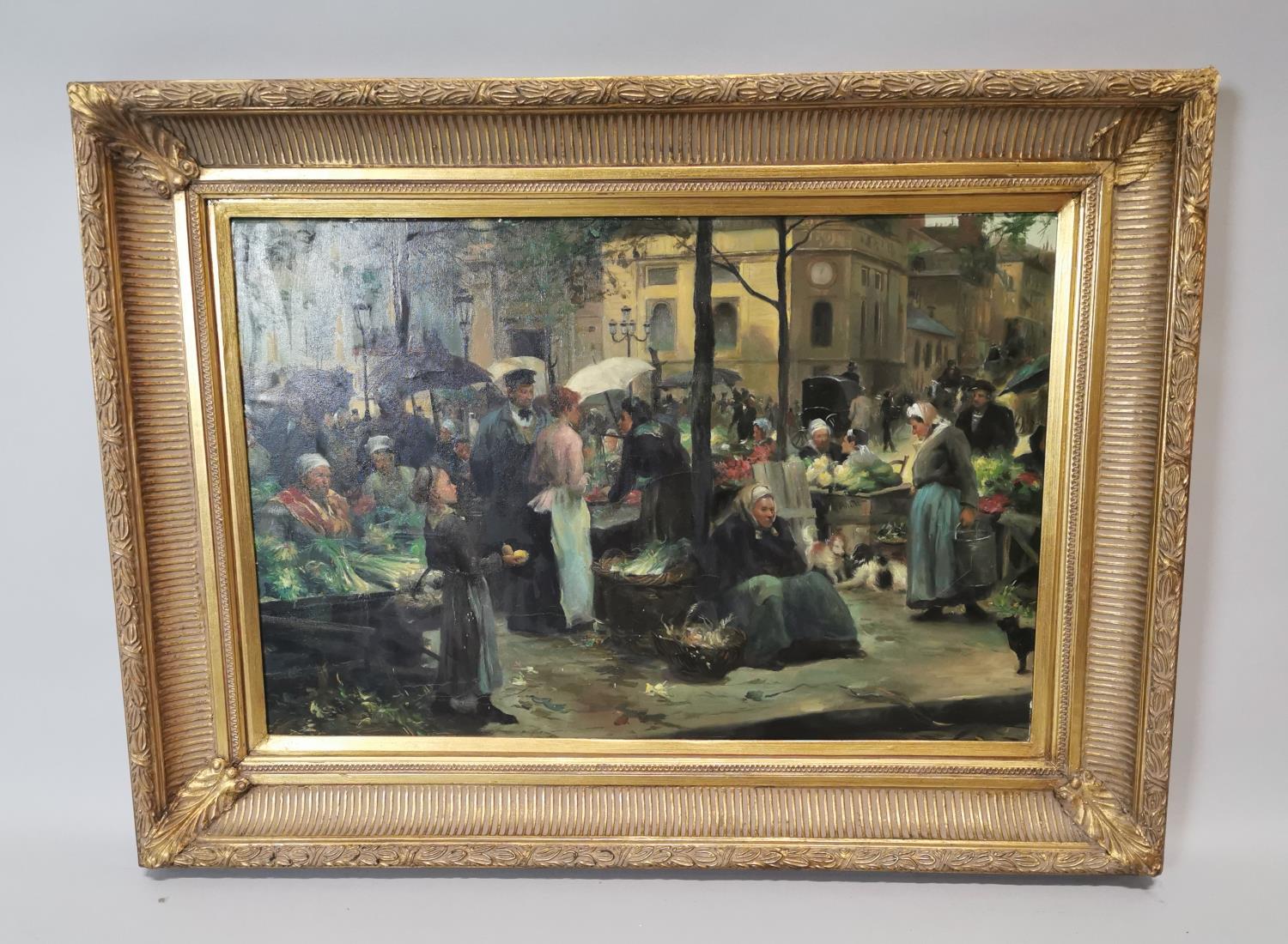 Framed oil on canvas Market Scene.