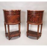 Pair of burr walnut bow fronted lockers.