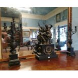 18th C. three piece slate and spelter clock garniture.