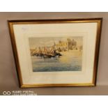 Framed watercolour of Harbour scene.