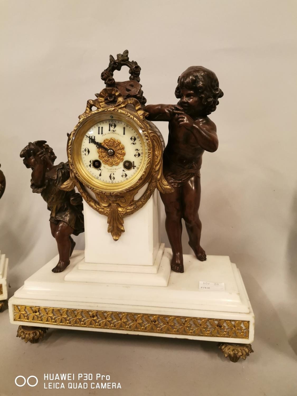 19th C. spelter and marble clock garniture. - Image 2 of 6