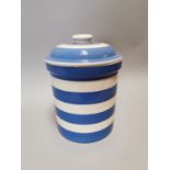 Blue and white ceramic biscuit barrel.