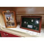 Framed fishing montage and pine box.