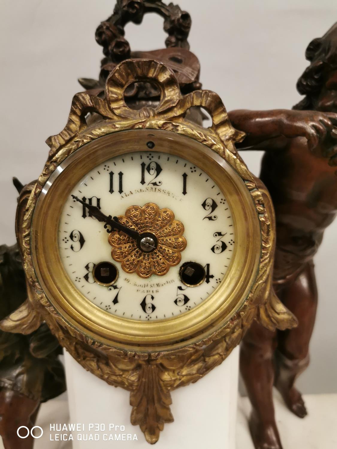 19th C. spelter and marble clock garniture. - Image 5 of 6