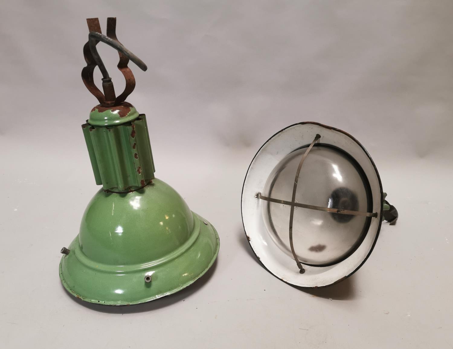 Pair of 1940's industrial enamel hanging light shades. - Image 2 of 4