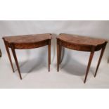 Pair of inlaid satin wood demi- lune tables