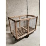 Early 20th C. oak and metal factory trolley.