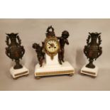 19th C. spelter and marble clock garniture.