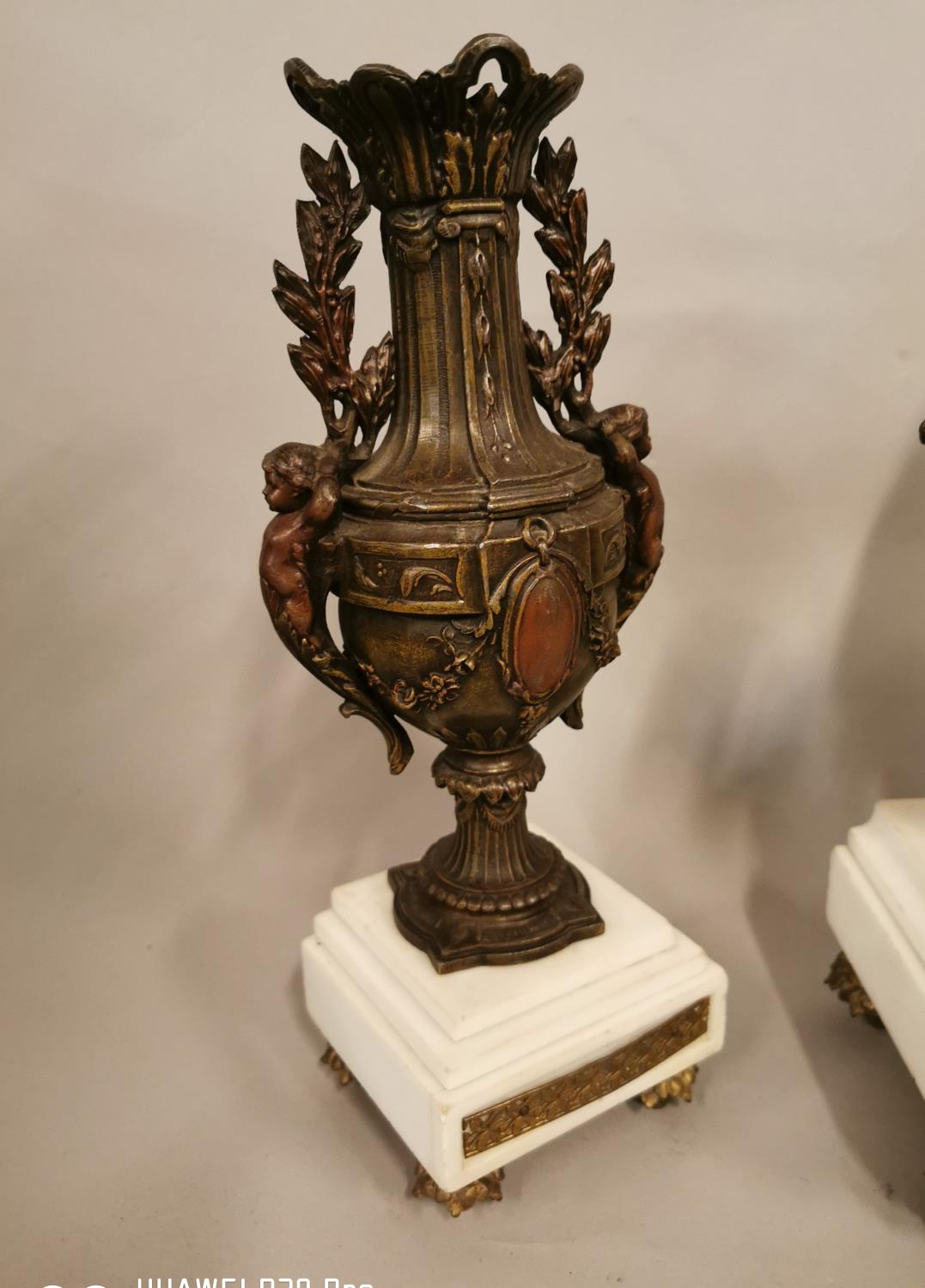 19th C. spelter and marble clock garniture. - Image 4 of 6