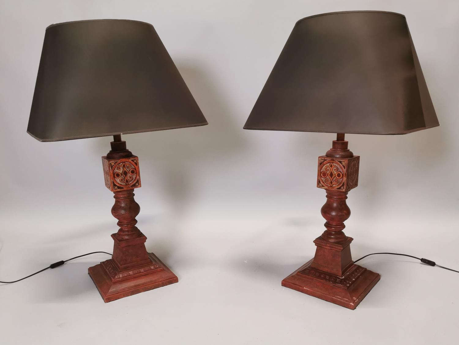 Pair of hand painted pine table lamps.