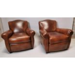 Pair of hand dyed leather club chairs.