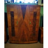 Art Deco walnut inlaid three door wardrobe.