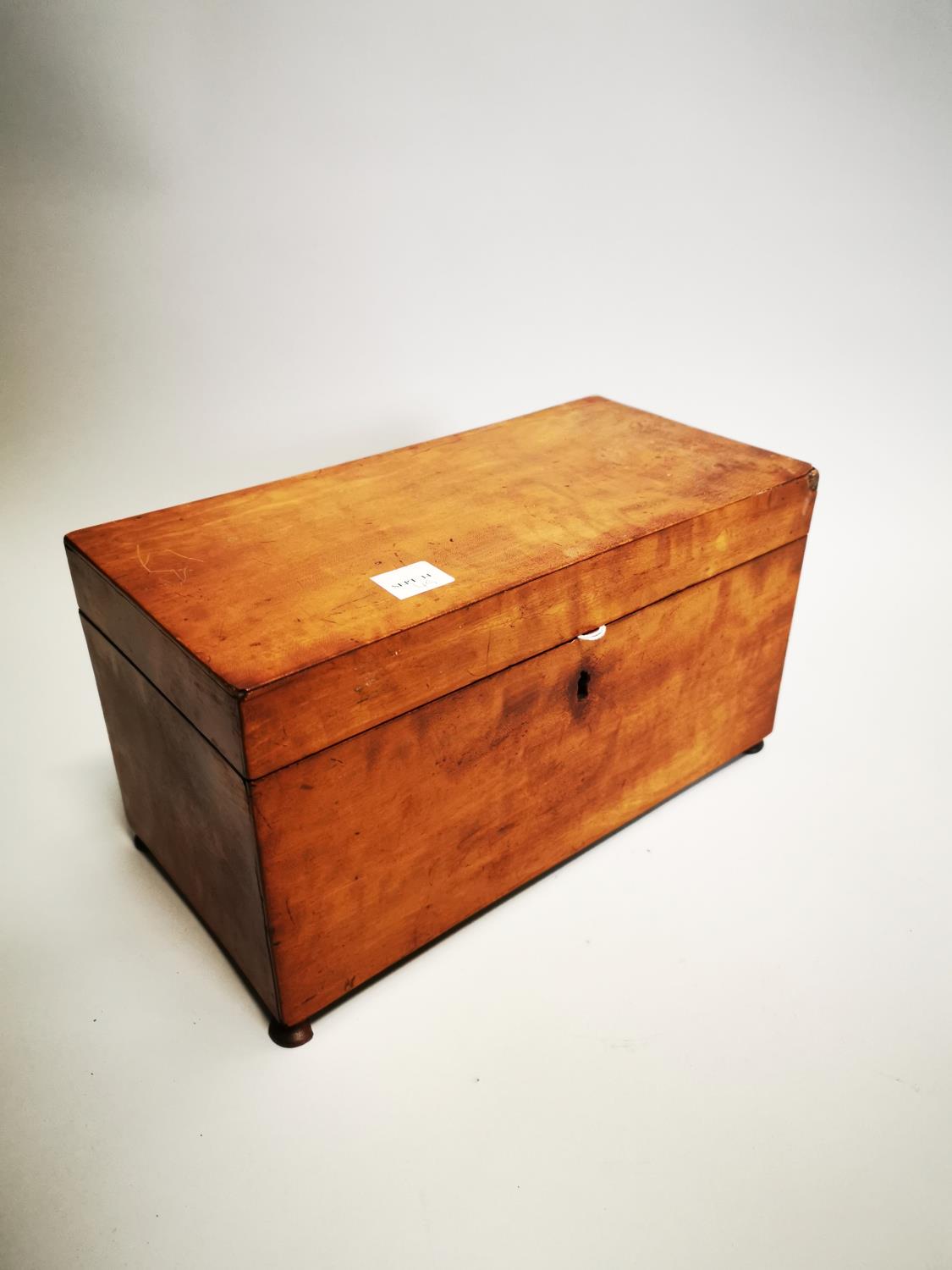 19th C. mahogany and satinwood tea caddy.