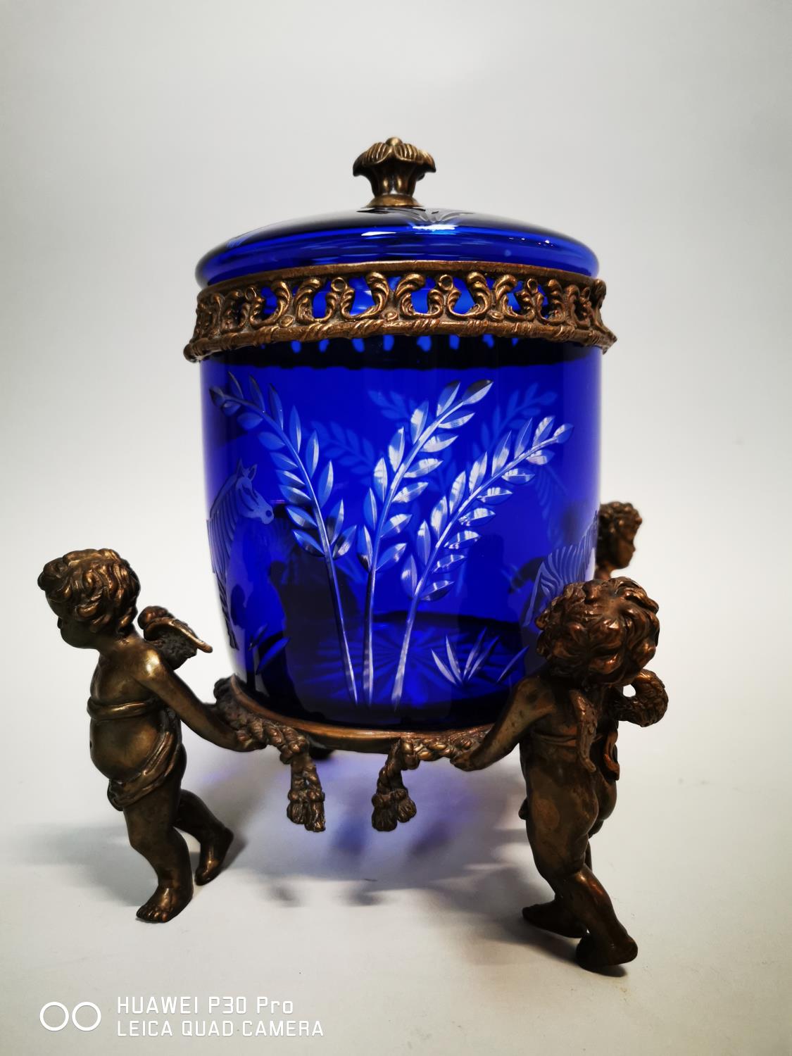 Early 20th C. glass and blue glass ice bucket.