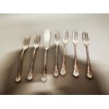 Set of six German silver pastry forks and one pastry knife