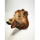 Taxidermy boar's head mounted on an oak plaque.