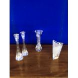 Pair of Tipperary Crystal tall candle sticks and 2 bohemian cut glass vases.