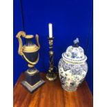 Tole wear lamp, urn shaped lamp and Asian glazed vase (as found)